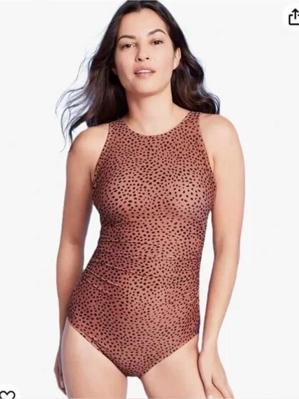 Kona Sol Spotted Print High Neck Ruched Full Coverage One Piece Swimsuit Small S
